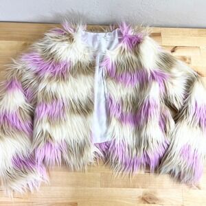 H&M Faux‎ Fur Jacket Girls Size 12 Pink Cream Tan Shaggy Coat